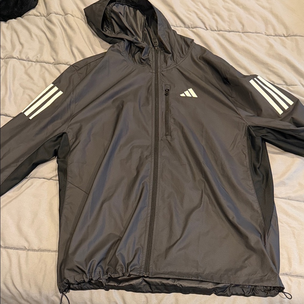 Adidas Men's Black Hooded Windbreaker Jacket with Reflective Stripes